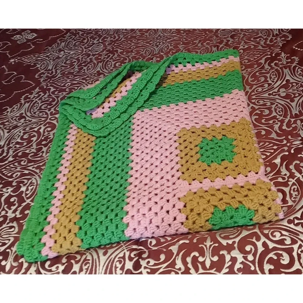 Vtg Handmade Granny Square Blanket Crochet Knit‎ Afghan Throw Blanket 45 X 37